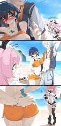 1boy 1boy1girl 1girls 3koma alternate_costume annoyed annoyed_expression ass_grab background beach begging_for_more belle_(summer_skies)_(zenless_zone_zero) belle_(zenless_zone_zero) big_breasts blue_hair blush breasts brother_and_sister bulge caught caught_in_the_act clothes_lift cucked_by_sister cuckquean desperate_to_cum doll_dol1 embarrassed english_text erection_under_clothes flustered flustered_female forced_groping gray_hair green_eyes groping groping_breasts hand_on_ass incest incienso lust nervous_smile nicole_demara official_alternate_costume pervert pink_hair public_indecency siblings text thighs wincest wise_(peaceful_waves)_(zenless_zone_zero) wise_(zenless_zone_zero) zenless_zone_zero
