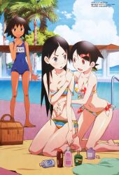2000s 2009 3girls asian bangs bikini black_hair blush blush_lines dark-skinned_female dark_eyes dark_skin detailed_background female female_only fuura_kafuka hair_ornament hairclip high_resolution highres japanese_text kitsu_chiri light-skinned_female light_skin long_hair morioka_hideyuki multiple_girls official_art palm_tree parted_bangs petite pool poolside sayonara_zetsubou_sensei scan sekiutsu_maria_tarou short_hair source_request spiky_hair surprised_expression swimsuit text translation_request undressing