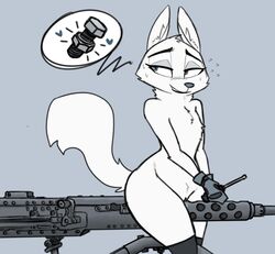 2019 50_cal anthro ass biped blush bodily_fluids canid canine disney eyebrows eyelashes female flat_chest flat_chested fluffy fluffy_tail fox fur genital_fluids gloves grin grinding gun half-closed_eyes handwear heart hi_res inner_ear_fluff josun looking_at_viewer machine machine_gun mammal mostly_nude nail nude pussy pussy_juice ranged_weapon simple_background sitting skye_(zootopia) smile solo speech_bubble suggestive sweat thick_thighs weapon white_fur zootopia