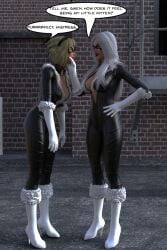 2019 2girls 3d 3d_(artwork) 3d_model 3d_render bent_forward black_cat_(cosplay) black_cat_(marvel) blonde_hair bodysuit catsuit cleavage collar costume deep_cleavage dialogue dominatrix domino_mask english english_text felicia_hardy female female_only gwen_stacy hairband hand_on_face hand_on_hip heels heroine heroine_in_trouble hourglass_figure hypnosis marvel marvel_comics mask mind_control mind_control_collar mistress_and_slave speech_bubble spider-gwen spider-man_(series) text theheckle theheckle01 villainess villainess_dominating_heroine white_hair wide_hips