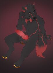 2019 5_fingers 5_toes anthro black_fur black_lips black_nose canid canine canis digital_media_(artwork) digitigrade eyebrows fingers fur grimoiren hi_res knot lips looking_at_viewer male male_only mammal nude penis red_background simple_background solo toes wolf yellow_eyes