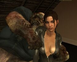 1girls 3d awkward bodysuit boomer brown_hair cleavage female green_eyes groping_from_behind infected large_breasts left_4_dead male monster zoey_(left_4_dead) zombie