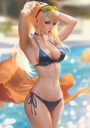 1girls armpits arms_behind_head arms_up bare_arms bare_midriff bare_shoulders bare_thighs bikini blonde_hair blue_bikini blue_eyes blue_swimsuit child_bearing_hips choker cleavage clothed clothed_female curvy curvy_female curvy_figure digital_media_(artwork) earrings eyelashes female female_focus female_only hips human human_only light-skinned_female light_skin long_hair looking_at_viewer metroid navel nintendo non-nude ponytail pose posing raikoart samus_aran side-tie_bikini sideboob sidelocks smile smiling smiling_at_viewer solo solo_female solo_focus standing sunglasses sunglasses_on_head swimsuit thick thick_thighs thighs tying_hair wide_hips