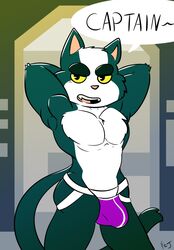 anthro avocato bulge clothing dialogue felid feline final_space fizzyjay foxzombiej gay hi_res male male_only mammal muscular solo underwear ventrexian