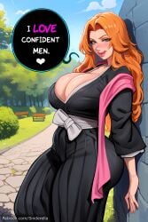 ai_generated bleach bleach:_the_thousand-year_blood_war breasts_bigger_than_head busty caption comic comic_page commission curvaceous curvy dialogue english_text huge_breasts matsumoto_rangiku outdoors patreon patreon_url patreon_username public sinderellaart tease teasing_viewer text text_bubble thick voluptuous