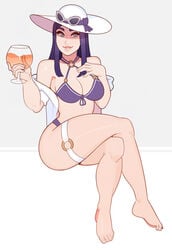 1girls barefoot big_breasts bikini blue_eyes breasts caitlyn_kiramman clothing crossed_legs female female_only hair hat league_of_legends long_hair pool_party_caitlyn pool_party_series solo splashbrush sunglasses sunglasses_on_hat sunglasses_on_head thighs video_games