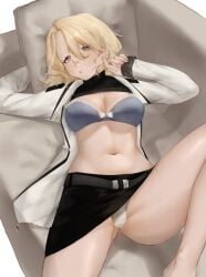 1girls belly blonde_female blonde_hair blue_bra blue_eyes bow_bra bra brassiere breasts chilling cleavage clothes_lift female foreplay general_leah half-naked hand_on_jaw lace_bra light-skinned_female light_skin medium_breasts muffin_nouo panties roblox roblox_game robloxian scar scar_on_eye scar_on_face self_upload shirt shirt_up skirt_up sofa solo solo_female thighs tight_skirt tower_defense_x turtleneck_lift white_background white_panties white_sofa