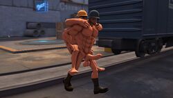 3d abs bara barazoku big_muscles big_pecs boner boots carrying_partner engineer engineer_(team_fortress_2) facial_hair foreskin gay goggles hard_hat helmet_over_eyes human human_male human_only long_foreskin low_hanging_testicles machosoldier male male_only muscular muscular_male nude pecs piggyback public_nudity sagging_balls soldier soldier_(team_fortress_2) team_fortress_2 train_car