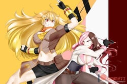 2girls alternate_version_available angry big_breasts blonde_hair breasts brown_hair catfight clothed ember_celica female fight hush_(rwby) kimmy77 large_breasts long_hair neo_(rwby) original parasol pink_eyes pink_hair red_eyes rwby smile smirk weapon yang_xiao_long