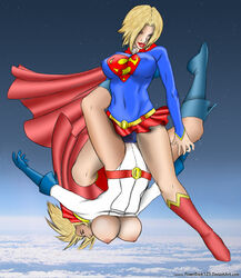 2girls airborne blonde_hair breasts breasts_out cleavage_cutout color colored dc dc_comics dress earth erect_nipples erect_nipples_under_clothes female female_only flying idolmonkeh large_breasts lipstick multiple_girls nipple_bulge power_girl powerbook125 scissoring selfcest short_hair skirt space supergirl superman_(series) tribadism tribadism_through_clothing yuri