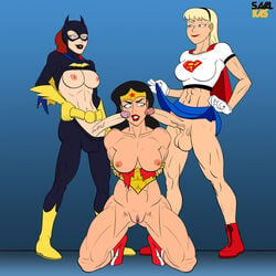 1girls 2futas abs areolae balls barbara_gordon batgirl batman:_the_animated_series batman_(series) big_breasts big_penis breasts dc dc_comics dcau diana_prince dickgirl erection female futa_on_female futanari intersex justice_league justice_league_unlimited kara_zor-el large_breasts muscles muscular muscular_futanari nipples penis penis_under_skirt pussy savalkas star_earrings supergirl superman_(series) testicles wonder_woman wonder_woman_(series)