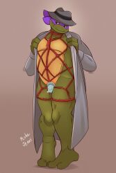 2_toes 3_fingers absurd_res anthro bedroom_eyes bondage bound chastity_device clothed clothing coat digital_media_(artwork) donatello donatello_(tmnt) feet fingers half-closed_eyes hat headgear headwear hi_res male mishajeans narrowed_eyes open_clothing open_coat open_topwear reptile restraints rope rope_bondage rope_harness scalie seductive shell simple_background smile solo standing teenage_mutant_ninja_turtles tmnt_1987 toes topwear turtle