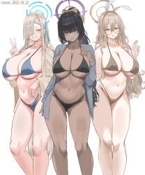 3girls absurdres akane_(blue_archive) alternate_costume alternate_hairstyle asuna_(blue_archive) bangs bikini black-haired_female black_bikini black_hair blue_archive blue_bikini blush breasts brown_bikini brown_eyes brown_hair brown_halo chocolate_and_vanilla cleavage closed_mouth dark-skinned_female dark_skin dated feet_out_of_frame female female_only hair_over_one_eye halo highres huge_breasts karin_(blue_archive) legs light_brown-haired_female light_brown_hair long-haired_female long_hair looking_at_viewer multiple_females multiple_girls navel nuo_(fttv3255) purple_halo simple_background smile standing stomach swimsuit thighs trio v very_long_hair voluptuous voluptuous_female white_background yellow_eyes