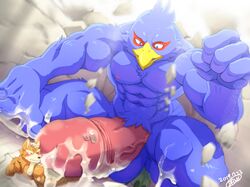 anthro avian big_dom_small_sub big_penis bird bodily_fluids canid canine crouching cum cum_on_arm cum_on_ground cum_on_penis cum_on_shoulder drnx falco_lombardi fox fox_mccloud genital_fluids growth hi_res humanoid_penis inside larger_male lying macro male male_only mammal nintendo penis size_difference smaller_male star_fox video_games