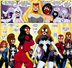 14girls 3boys 8-ball 8-ball_(marvel) anna-may_parker anya_corazon armor asian_female ass beetle_(spider-man) before_sex biting_lip biting_own_lip black_cat_(marvel) black_hair black_lipstick blonde_hair blue_eyes blush bodysuit boomerang_(marvel) bow bowtie brain_drain brainwashed brainwashing breasts bunny_ears bunny_ears_headband cameltoe catsuit charlotte_witter choker cindy_moon cleavage comic costume dialogue dominatrix drool drool_string drooling drooling_tongue english english_text felicia_hardy female female_masturbation gwen_stacy gwen_stacy_(earth-65) harem heroine heroine_in_trouble hypnosis hypnotia janice_lincoln jessica_drew julia_carpenter lipstick looking_back looking_over_shoulder makeup male marvel marvel_comics mary_jane_watson mask masked masked_female masked_male masturbation masturbation_through_clothes mattie_franklin mayday_parker mind_control mistress_and_slave nipple_bulge panels pheromones polmanning ponytail purple_lipstick red_lipstick redhair removing_clothing removing_pants shoulder silk silk_(marvel) simple_background smiling speech_bubble spider-girl spider-gwen spider-man_(series) spider-woman spider-woman_(jessica_drew) spider-woman_(julia_carpenter) spiral spiral_background spiral_eyes stilt-man symbiote symbiote_suit text tongue tongue_out unseen_female_face unseen_male_face villain villainess villainess_dominating_heroine web webs white_facepaint white_hair white_rabbit_(marvel)