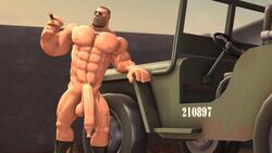 abs balls bara barazoku biceps big_biceps big_muscles big_pecs cat cigar dog_tags eight_pack foreskin humvee jeep long_foreskin low_hanging_testicles machosoldier male male_only manly muscles muscular muscular_male muscular_thighs naked_boots naked_footwear naked_socks nude pecs penis sagging_balls six_pack smoking smug soldier soldier_(team_fortress_2) solo stubble team_fortress_2 uncircumcised uncut unretracted_foreskin