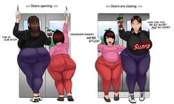 2girls accidentally_stuck ass bae_(toroboro) bbw bottom_heavy breasts dalgi_(toroboro) dialogue fat_ass female female_only femsub fully_clothed huge_ass huge_breasts jeans large_breasts overweight overweight_female shortstack size_difference stuck thick_thighs toroboro train train_interior wide_hips yoga_pants