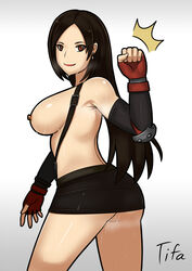 big_breasts breasts butt_crack final_fantasy final_fantasy_vii fingerless_gloves long_hair nipples saberrung skirt_lift suspender_skirt suspenders sweat sweating tifa_lockhart topless