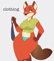 1girls acstlu animal_ears animal_tail anthro black_nose breasts canine clothing confident curvy disney english_text eyelashes female female_only fox fox_ears fox_tail fully_clothed furry furry_only gloves_(marking) green_eyes green_shirt half-closed_eyes hand_on_hip hawaiian_shirt highres holding_clothing large_breasts looking_away looking_up mammal markings navel necktie necktie_removed nick_wilde no_pants orange_fur panties rule_63 sexually_suggestive shirt simple_background smile smiling smug solo standing tail text thick_thighs thong underwear undressing wide_hips zootopia