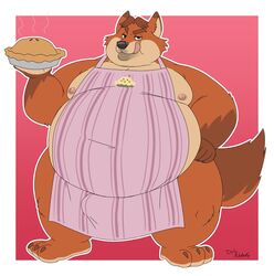 2019 3_toes anthro apron brown_hair canid canine disney duly_noted food fox gideon_grey hair hi_res male male_only mammal morbidly_obese morbidly_obese_male naked_apron nipples obese obese_male overweight overweight_male pie solo standing tenting toes tongue tongue_out zootopia