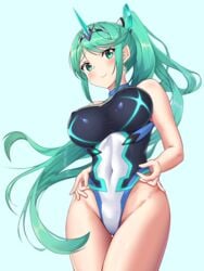 1girls bangs blue_background blush breasts covered_navel earrings erect_nipples eyebrows_visible_through_hair female green_eyes green_hair highres jewelry large_breasts looking_at_viewer matching_hair/eyes nintendo pneuma_(xenoblade) ponytail smile spoilers sssemiii swept_bangs swimsuit upper_body xenoblade_(series) xenoblade_chronicles_2