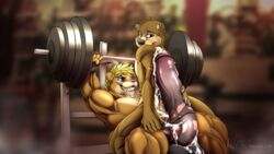 16:9 2019 animal_genitalia animal_penis anthro balls barbell biceps blonde_hair blue_eyes bodily_fluids cougar cum digital_media_(artwork) duo equine_penis erection exercise exercise_equipment felid feline fur genital_fluids gym hair hi_res horsecock hyper hyper_penis kubwa lutrine male male/male mammal muscular muscular_male mustelid nanukk_luik_(character) nanukkluik nude pantherine pecs penis pink_nose smile weightlifting weights workout