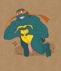 2_toes 3_fingers animal_genitalia animal_penis anthro athletic athletic_anthro athletic_male digital_media_(artwork) feet fingers genitals gesture half-erect heart_gesture heart_symbol hi_res looking_at_viewer male mask mask_only michelangelo michelangelo_(tmnt) mishajeans nude open_mouth penis reptile scalie shell simple_background slit_penis smile solo standing tail teenage_mutant_ninja_turtles teeth tmnt_2003 toes turtle