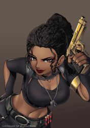 belt big_breasts black_clothing black_hair brown_eyes dark-skinned_female dark_skin dog_tags female fingerless_gloves gun lipstick necklace oc original original_character ponytail red_lipstick solo solo_female thotlerrr toned toned_body toned_female toned_stomach treartz weapon