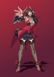 big_breasts black_clothing black_hair breasts dress eliza_(tekken) female gradient_hair heels horn horns light-skinned_female light_skin painted_fingernails painted_nails red_clothing red_eyes red_hair red_lipstick rose_(flower) sharp_fingernails sharp_nails solo solo_female tekken tekken_7 thotlerrr treartz