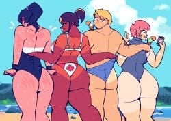 2boys 2d 2d_(artwork) 2females 2girls 2males ass big_ass big_butt blonde_hair canadian_flag cdlum curvaceous curvy curvy_female curvy_figure damson_(cdlum) dark-skinned_female dark_skin high_resolution highres ice_cream light-skinned_female light-skinned_male light_skin maple_(cdlum) narrowed_eyes original original_characters pear_(cdlum) phone pink_hair ponytail pulling_up_pants swimsuit tan_body tanline voluptuous voluptuous_female wet wet_body