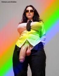 1futa 1futanari 3d ai_generated below_view big_penis billie_eilish black_hair black_pants celebrity dickgirl enielee female flaccid foreskin from futanari low-angle_view pants_pull penis suit sunglasses white_background