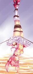 1girls arms_behind_back bondage cloth_gag crotch_rope gag kneehighs madoka_kaname mahou_shoujo_madoka_magica maullarmaullar panties pink_hair pussy_juice rope skirt solo solo_female solo_focus striped_panties twintails upside-down white_legwear