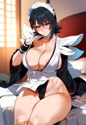 ai_generated areola_slip areolae bangs bed black_hair blue_eyes blush breasts choker clavicle cleavage clothing curvaceous female female_only flipped_hair floxin hair_ornament hairclip headdress headwear huge_breasts indoors iroha_(samurai_spirits) kimono large_breasts leotard looking_at_viewer maid maid_headdress nipples no_bra robe samurai_shodown samurai_spirits short_hair sitting smile solo thick_thighs thighs traditional_clothes wafuku