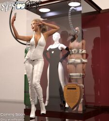 2girls 3d blonde_hair bondage brown_hair clothed_female_nude_female mannequin multiple_girls nude nude_female spy_vs_spy thejpeger trophy_case