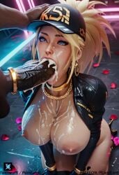 1girls ai_generated akali ass blonde_hair breasts cap cum_in_mouth dark-skinned_male female k/da_akali k/da_all_out_akali k/da_all_out_series k/da_series latex latex_gloves league_of_legends league_of_legends:_wild_rift male penis pornlandlord