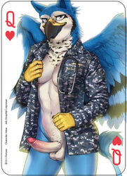 1futa 2019 abs anthro avian balls beak black_beak black_feathers black_fur blue_feathers blue_fur bottomless breasts camo card clothed clothing digital_media_(artwork) english_text erection feathered_wings feathers fonyaa fur futanari glans grey_eyes gryphon gynomorph heart humanoid_penis hybrid intersex looking_at_viewer male_only military navel navy penis playing_card shirt simple_background small_breasts solo standing stethoscope text topwear white_background white_fur wings