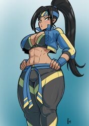 abs big_breasts black_clothing black_hair blue_clothing breasts earthrealm_kitana edenian female fingerless_gloves jacket kitana kitana_(new_era) long_hair mortal_kombat mortal_kombat_1_(2023) muscular paddy_g_(terrybrogard) pants ponytail solo solo_female toned toned_body toned_female toned_stomach