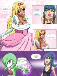 1futa 2girls absurd_res ashley_ketchum ball_gown beforu big_breasts blonde_hair blue_eyes blue_hair bow_in_hair breasts bulge_through_clothing cleavage clothed clothing comic comic_page dark-skinned_futanari dark_skin dawn_(pokemon) dialogue dickgirl digital_art digital_drawing_(artwork) digital_media digital_media_(artwork) dress english_text erect_penis erection erection_under_clothes erection_under_clothing erection_under_dress erection_under_skirt female feminization flechitas fully_clothed futanari futanari_transformation futanarization gardevoir gender_transformation gown green_body green_hair gynomorph hair hair_accessory handwear hi_res human humanoid imminent_transformation intersex intersex/female light-skinned_female light_skin mind_control nintendo penis penis_bulge pink_dress pokemon pokemon_(species) princess princess_dress princessification speech_bubble standing tenting text text_bubble transformation transformation_sequence transformation_through_magic white_body white_gloves