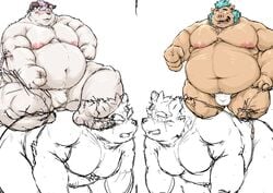 behemoth_(tokyo_afterschool_summoners) belly blue_hair blush bulge canid canine canis clothing domestic_dog fundoshi gouryou hair horn japanese_clothing kotobuki male male_only mammal mohawk monster moobs moritaka musclegut navel nipples overweight suid suina sus_(pig) tokyo_afterschool_summoners underwear video_games wild_boar