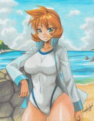 1girl aged_up beach blue_sky breasts cloud competition_swimsuit covered_navel creatures_(company) day game_freak gen_1_pokemon green_eyes grin gym_leader highres huge_breasts jacket kasumi_(pokemon) large_breasts long_sleeves looking_at_viewer misty_(pokemon) misty_(pokemon_hgss) navel nintendo ocean one-piece_swimsuit open_clothes open_jacket orange_hair outdoors pokemon pokemon_gsc pokemon_hgss pokemon_rgby ravernclouk_design rock short_hair sky smile solo sportswear swimsuit thick_thighs thighs track_jacket water white_one-piece_swimsuit