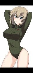 1girls aged_up anime_girl arms_up army_uniform artist_request ass blonde_hair blue_eyes busty girls_und_panzer katyusha_(girls_und_panzer) large_breasts leotard pravda_military_uniform solo