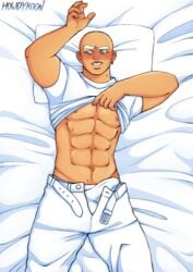 1boy abs bald bald_man bed bed_sheet blue_eyes blush bulge earring erection gay howdychan mr._clean pillow sheets six_pack solo tanned underwear white_clothing white_underwear yaoi