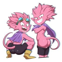 1boy ass beelzebub_(sand_land) big_ass big_butt black_eyes boots butt cape demon demon_boy fangs fat_ass fat_butt goggles goggles_on_head huge_ass huge_butt jerseydevil looking_at_viewer looking_back looking_back_at_viewer male male_only pink_hair pink_skin pointy_ears sand_land sharp_teeth simple_background solo tail teeth thick_ass thick_butt white_background