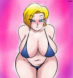 android_18 blonde_hair chubby curvy dragon_ball dragon_ball_super dragon_ball_z eyes_visible_through_hair female female_focus female_only hi_res highres milf pubic_hair short_hair thick_thighs thighs zirot