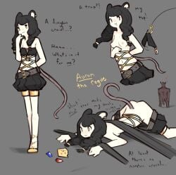 1boy 1girls :3 animal_ears aurum_(zako_sketch) belt black_hair blush cheese dialogue ear_piercing ear_ring english english_text exposed_breasts female_focus forced_exposure hair_ornament hook mouse_girl mouse_tail original restrained simple_background small_breasts surprised surprised_expression tail trapped twintails yellow_eyes zako_sketch