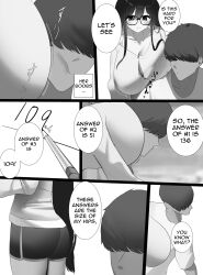 1boy 1boy1girl 1girls ass black_hair blush breasts breasts_bigger_than_head comic comic_page english_text gigantic_breasts glasses hair_over_eyes huge_breasts long_hair megane-chan_(nicorima) monochrome nicorima oc shorts text_bubble thighs 〇〇-kun_(nicorima)