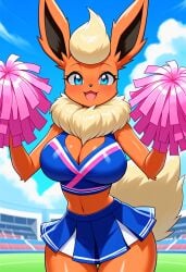 ai_generated anthro big_breasts blue_skirt breasts cheerleader cheerleader_uniform cleavage creatures_(company) eeveelution female female_focus female_only flareon fluffy_tail kemonogirls large_breasts nintendo orange_body orange_fur pleated_skirt pokemon pokemon_(species) solo underwear