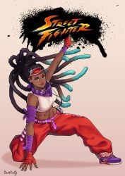 1girls baggy_clothing baggy_pants black_hair blue_hair breasts brown_eyes dark-skinned_female dark_skin dreadlocks dyed_hair female female_only fingerless_gloves fully_clothed gradient_hair kimberly_jackson long_hair midriff painted_fingernails painted_nails smile smiling solo solo_female street_fighter street_fighter_6 thotlerrr toned toned_body toned_female toned_stomach treartz