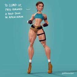 1boy 1femboy 3d airpods blue_background bulge bulge_through_clothing dialogue dickgirl english_text femboy femboy_only front_view futanari high_heel_boots high_heels hitchcock intersex lara_croft lara_croft_(classic) male male_only muscular_thighs pouty_lips simple_background slim_waist small_penis solo solo_femboy standing stiletto_boots stiletto_heels text thighs timberland_high_heels timberlands timbs tomb_raider