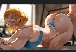 1boy 1boy1girl 1girls absurd_res ai_generated ass_up_face_down blonde_hair elf elf_ears elf_girl green_eyes gym gym_clothes gym_uniform huge_ass huge_cock meiogun sex short_hair sports_bra sports_uniform the_legend_of_zelda the_legend_of_zelda:_breath_of_the_wild the_legend_of_zelda:_tears_of_the_kingdom thick_thighs thong wide_hips yoga_pants zelda_(breath_of_the_wild)